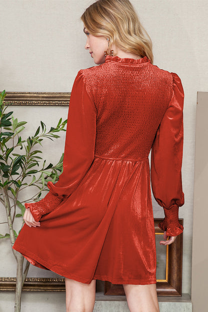 Rose Red Smocked Lantern Sleeve Frilled Velvet Dress