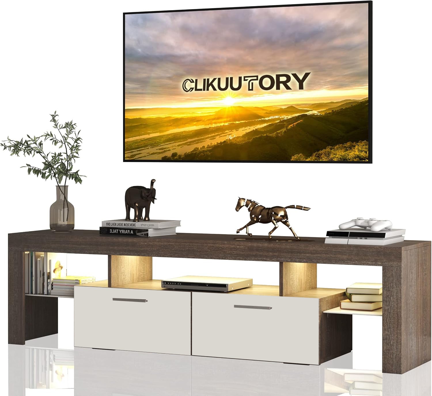 DFW Modern LED TV Stand with Large Storage Drawer for 40 50 55 60 65 70 75 Inch TVs, Brown Wood+white Farmhouse TV Console with Glossy Entertainment Center for Living Room, Bedroom