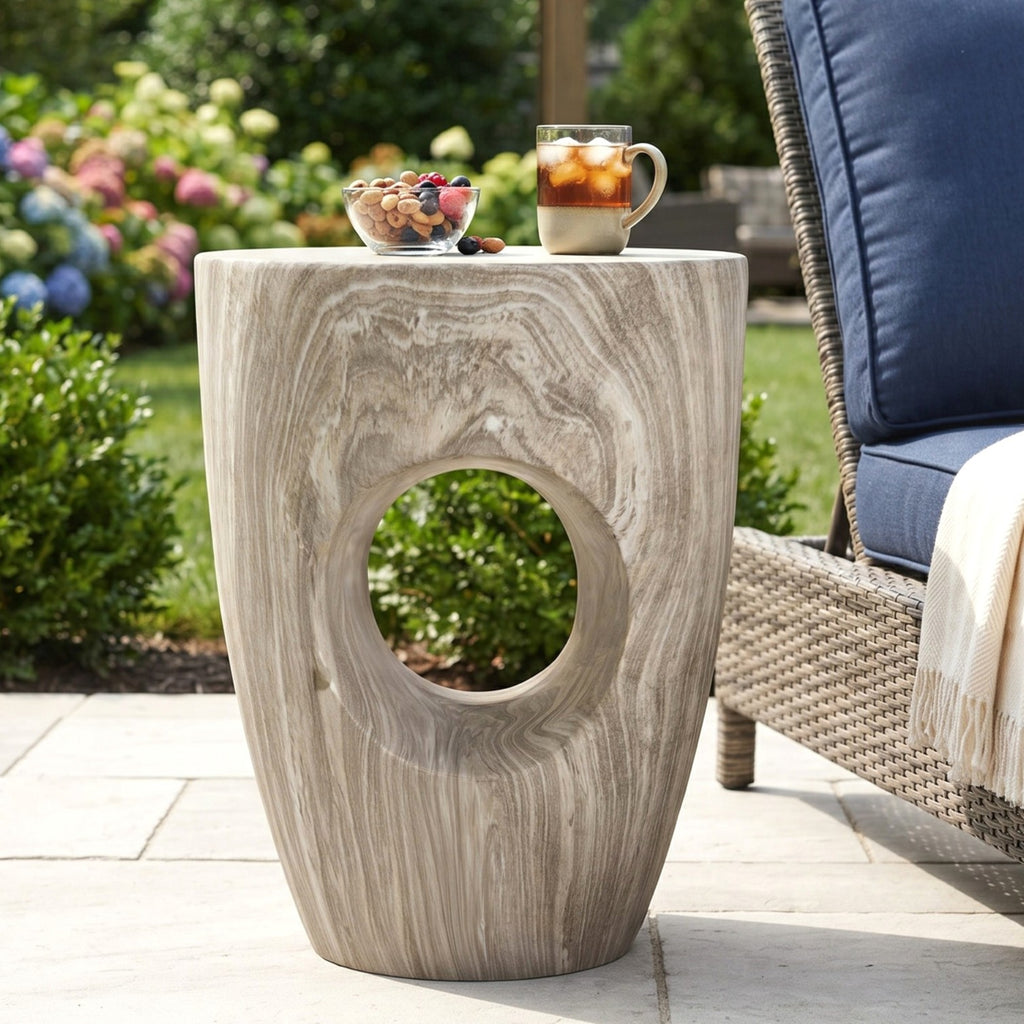 19.29'H Modern Round MgO Side Table with Cutout Accent, Faux Marble Outdoor Garden Stool & Indoor End Table, Weather Resistant Decorative Accent Table, No Assembly Required,Gray Marble
