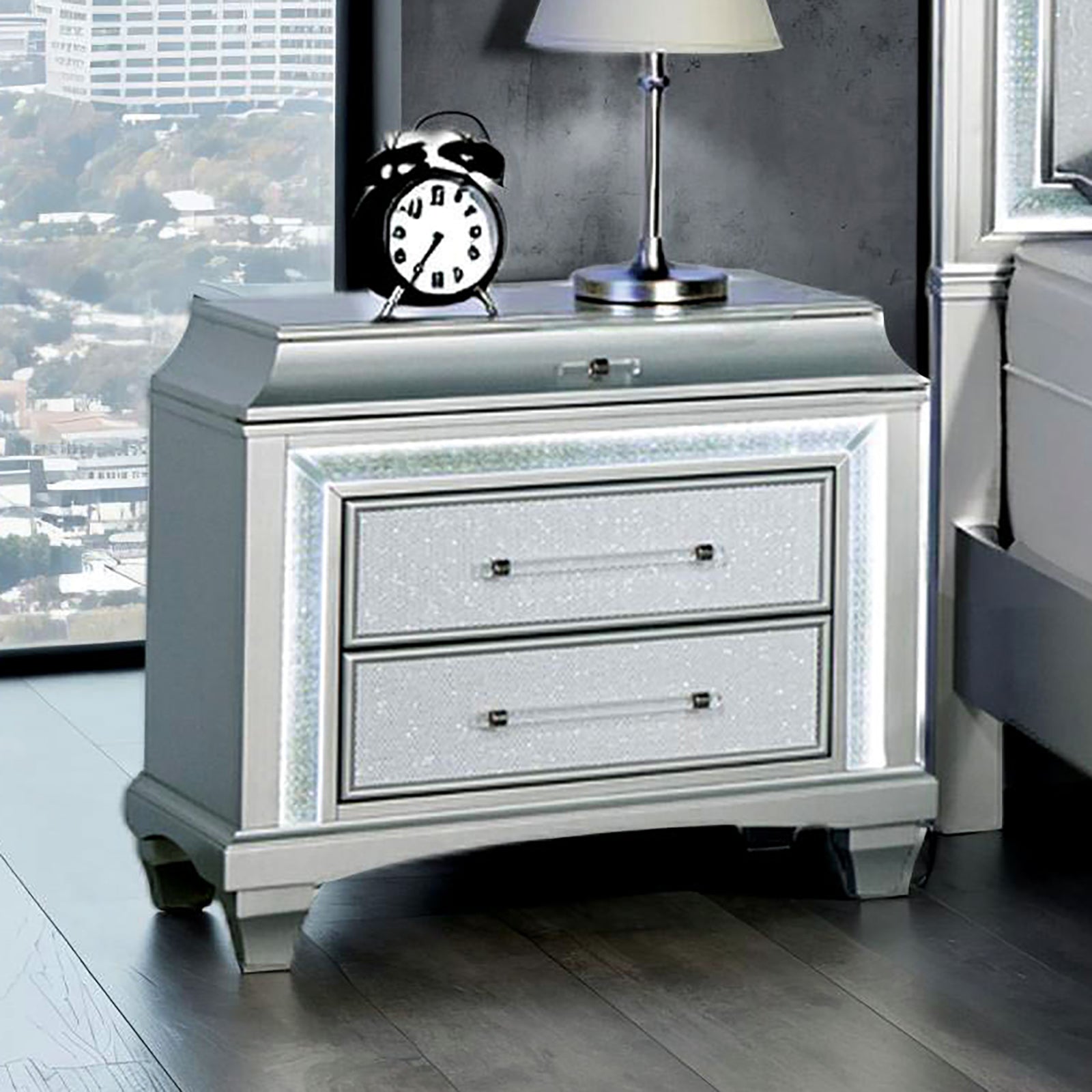 Glam Style 1pc Nightstand Acrylic Handles LED Light Faux Crystal Trim Gray Finish Bedroom Furniture
