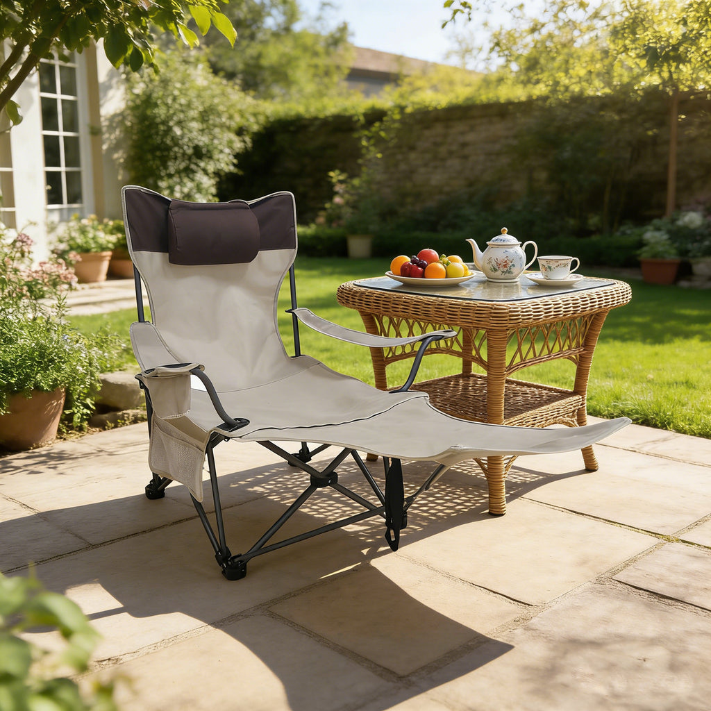 Outdoor Camping Chairs Folding/Portable/Adjustable reclining chair(Three-level adjustment), Side Pockets & Cup Holder,Carry Bag,Beige
