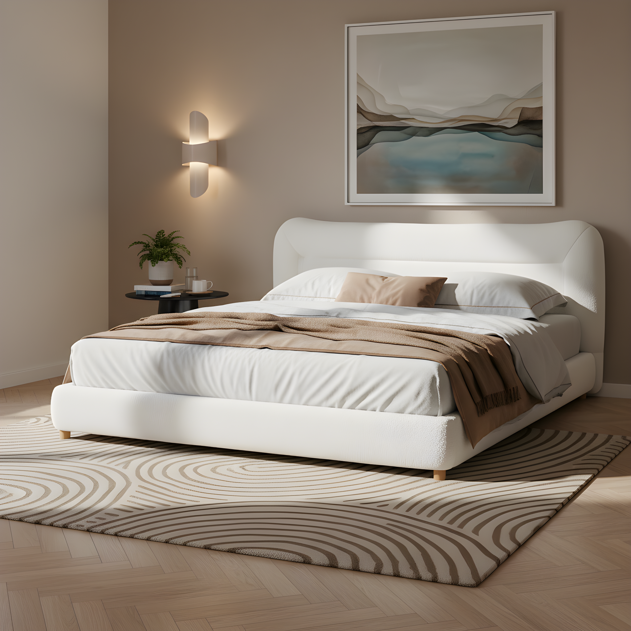 Minimalist curved headboard teddy bear plush bed, Queen, Cream