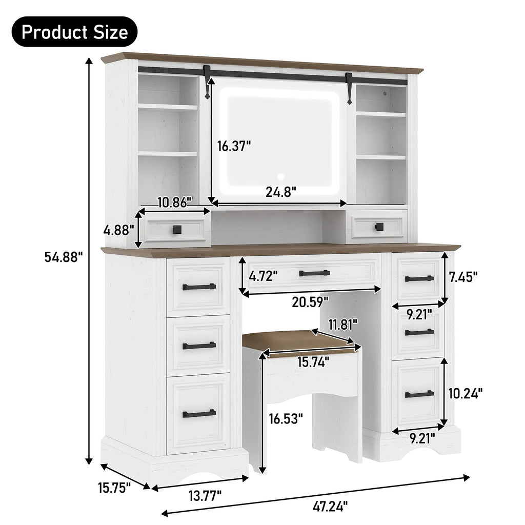 47.2' Farmhouse Makeup Vanity Desk with Sliding Mirror, Large Vanity Set with LED Lights, Dressing Table with Storage Stool and 9 Drawers, Ample Storage, White and Brown - Eloy Royal