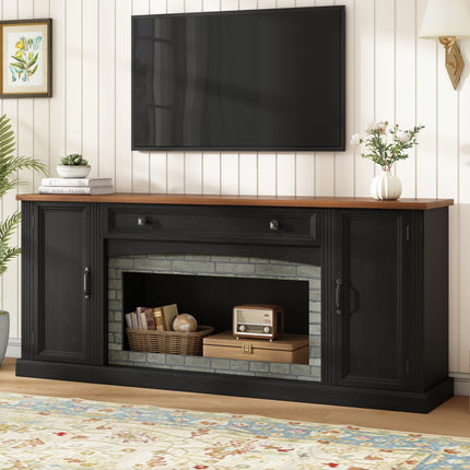 Elegant Walnut TV Stand with Gray Brick Accents for TVs Up to 70', Contemporary Sideboard with Drawer, Adjustable Shelves, Stylish Farmhouse TV Cabinet with Cable Management for Living Room, Black