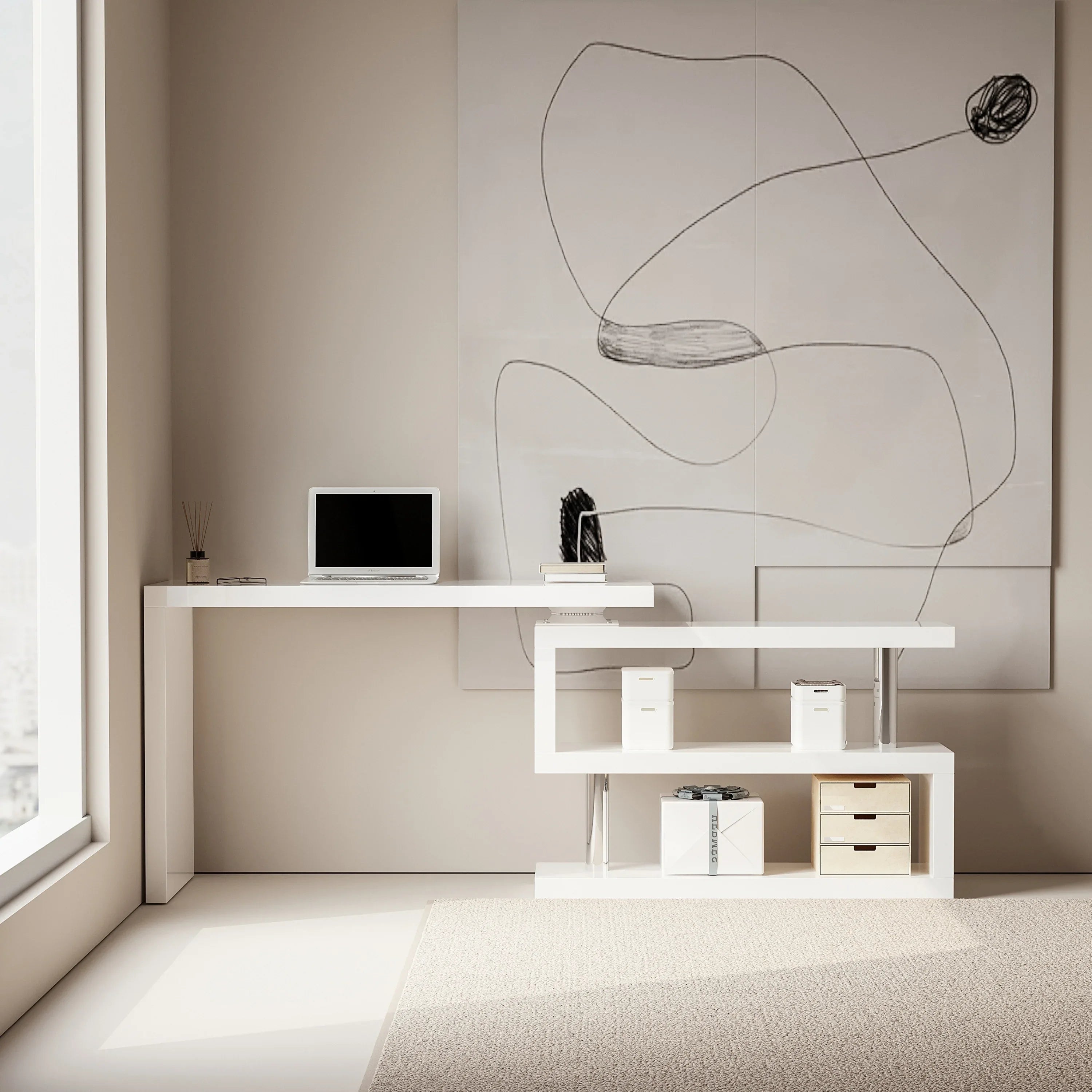 Modern 47'L Swivel Top Desk-High Gloss White - Eloy Royal