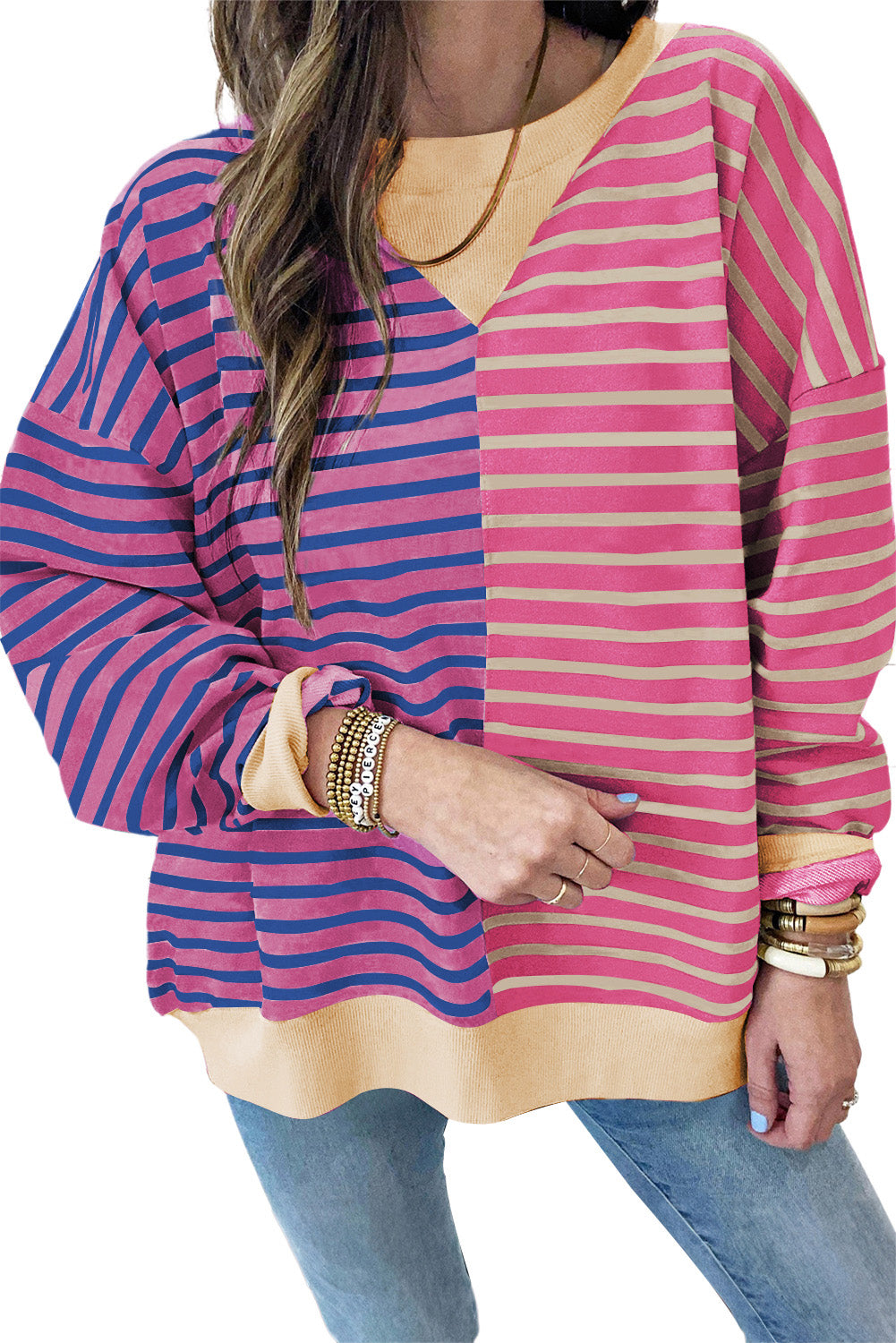 Brown Stripe Colorblock Drop Shoulder Oversize Sweatshirt