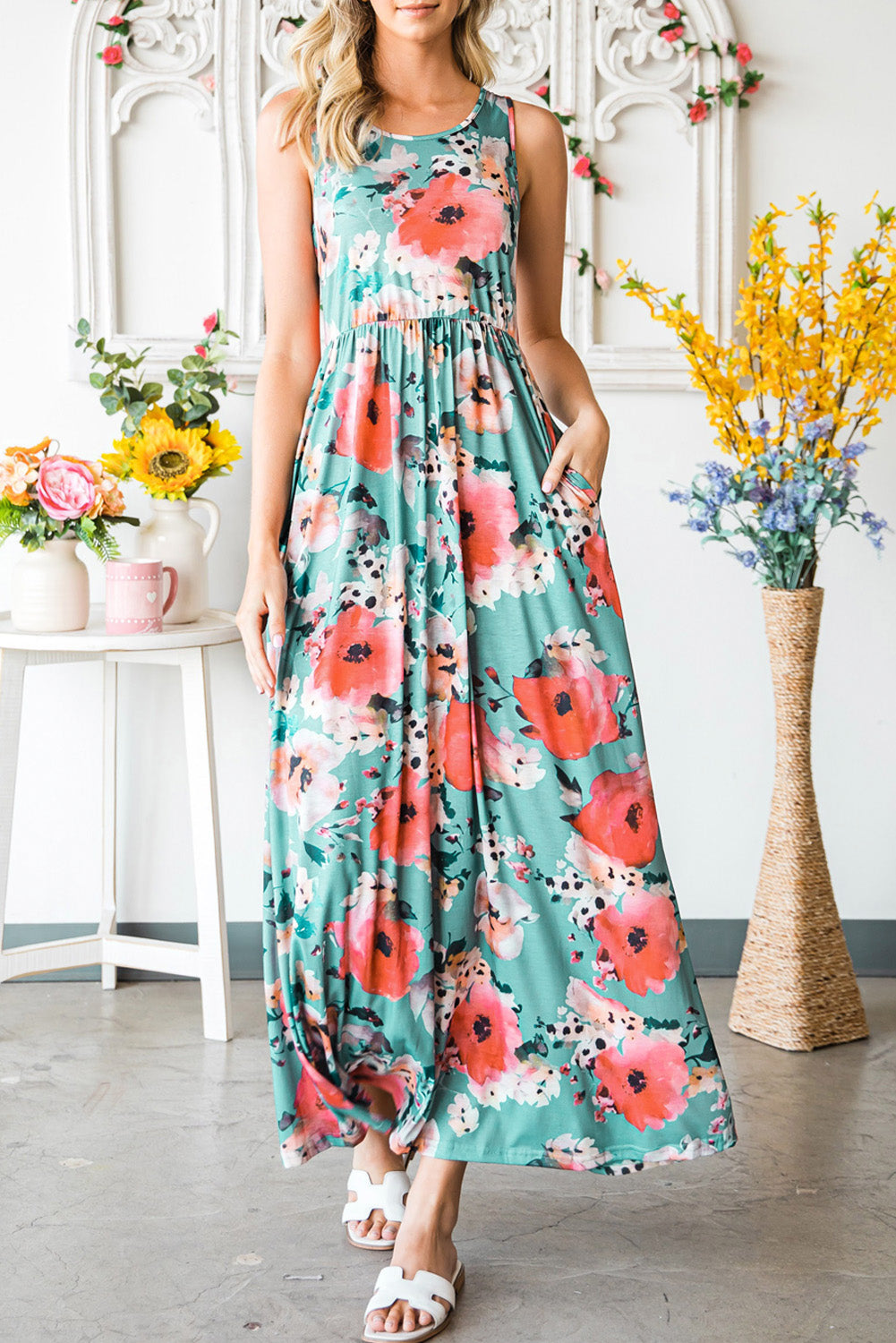 Green Floral Print Sleeveless Maxi Summer Tank Dress - Eloy Royal