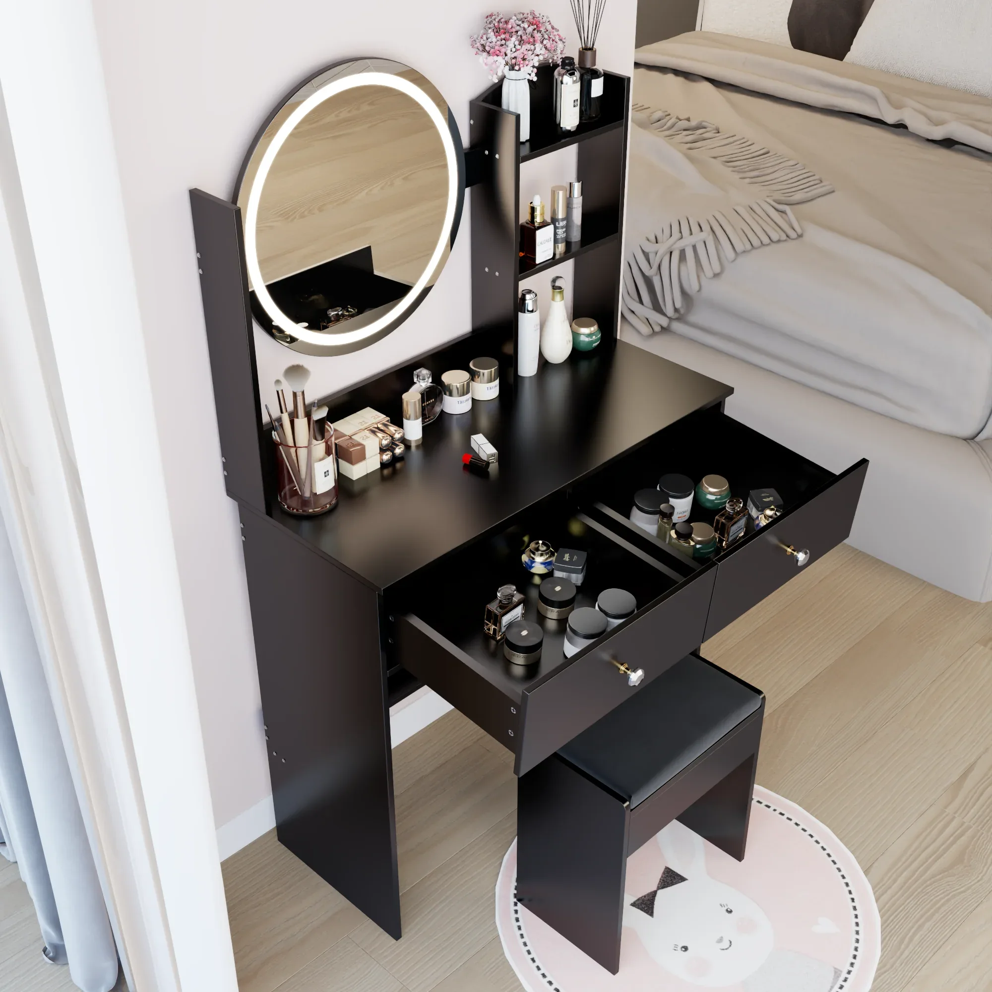 17' Round LED Mirror Vanity Table + Soft Cushion Stool Set, Large Mirror, Touch Switch, 3 colors, Adjustable Brightness, Large Desktop, Multi-layer High Capacity Storage, Suitable For Small Space - Eloy Royal