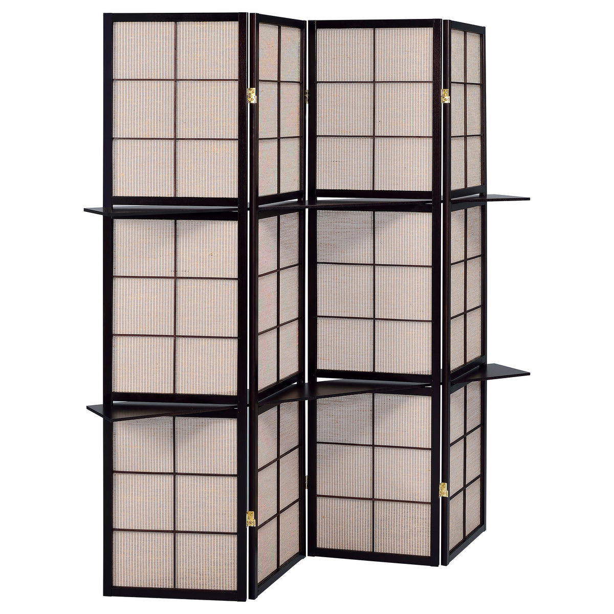 Cappuccino Finish 4-Panel Folding Screen with Tan Fabric and Wood Shelves