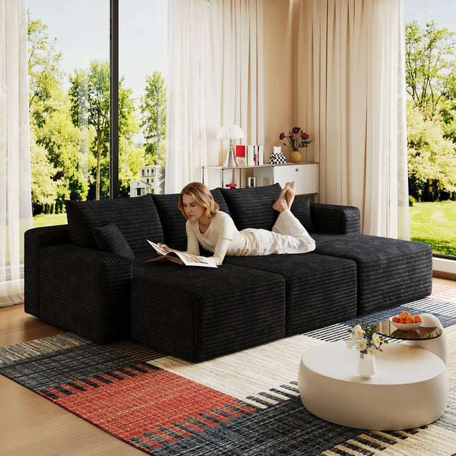 95' Cloud Sectional Sofa with 2 Ottoman,Modern Minimalist Upholstered Couches, Comfort U Shaped Sofa for Living Room,Deep Seat Corner Couch,No Assembly Required,Black (Plush Corduroy Fabric)