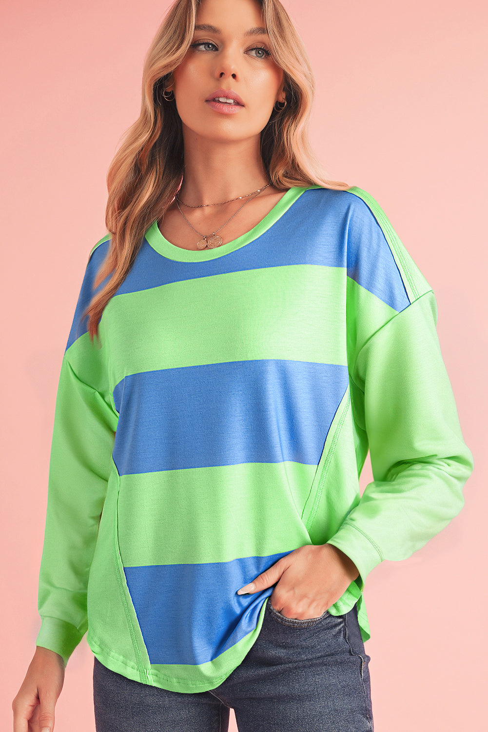 Light Blue Colorblock Drop Sleeve Round Neck Top