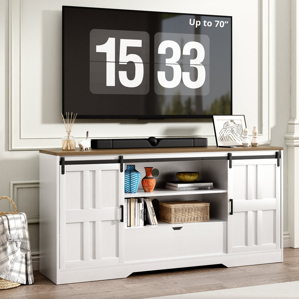 TV Stand for 65 Inch TV, Mid Century Modern Entertainment Center with Sliding Barn Doors, White