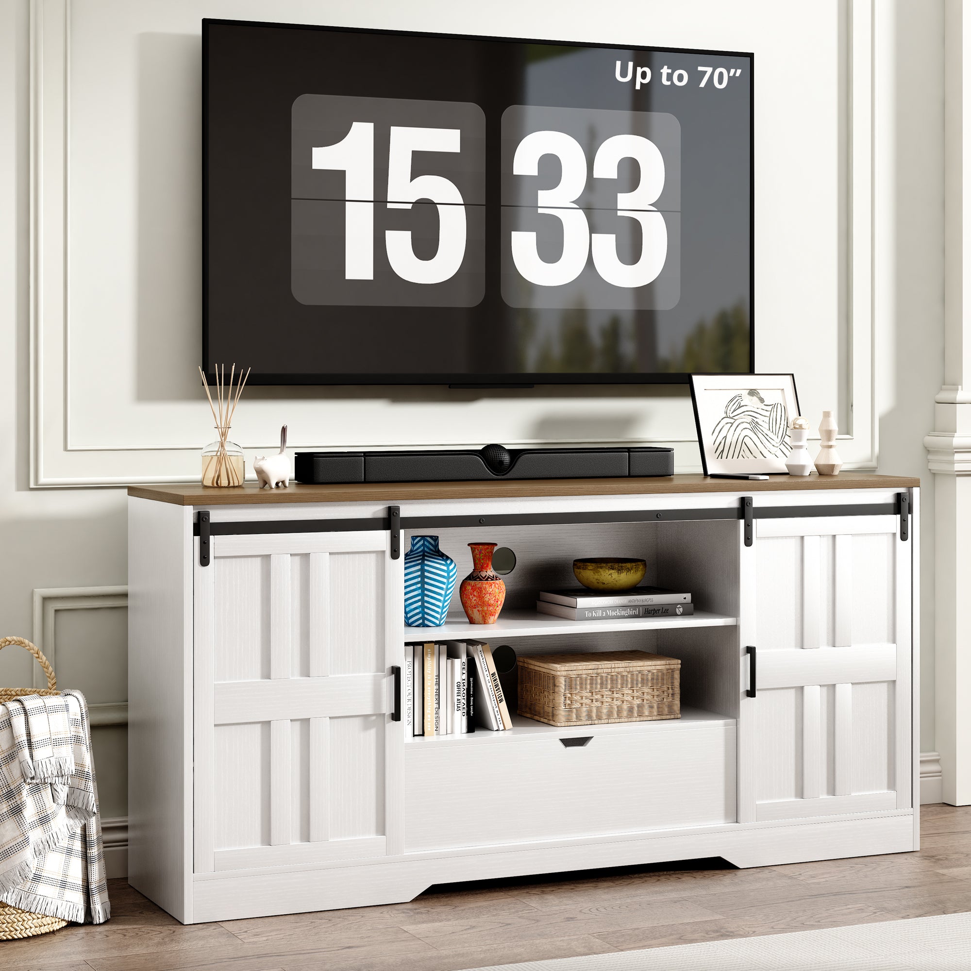 TV Stand for 65 Inch TV, Mid Century Modern Entertainment Center with Sliding Barn Doors, White