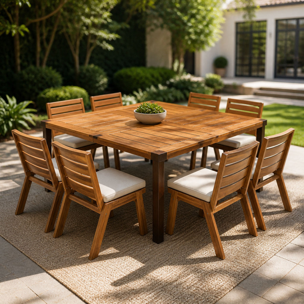 9‑Piece Acacia Wood Outdoor Patio Dining Set, 64' Square Teak Finish Wooden Table and 8 Pcs Armless Dining Chairs with Beige Cushions, Slatted Back Design for Backyard Garden Deck