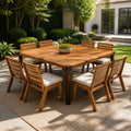 9‑Piece Acacia Wood Outdoor Patio Dining Set, 64' Square Teak Finish Wooden Table and 8 Pcs Armless Dining Chairs with Beige Cushions, Slatted Back Design for Backyard Garden Deck
