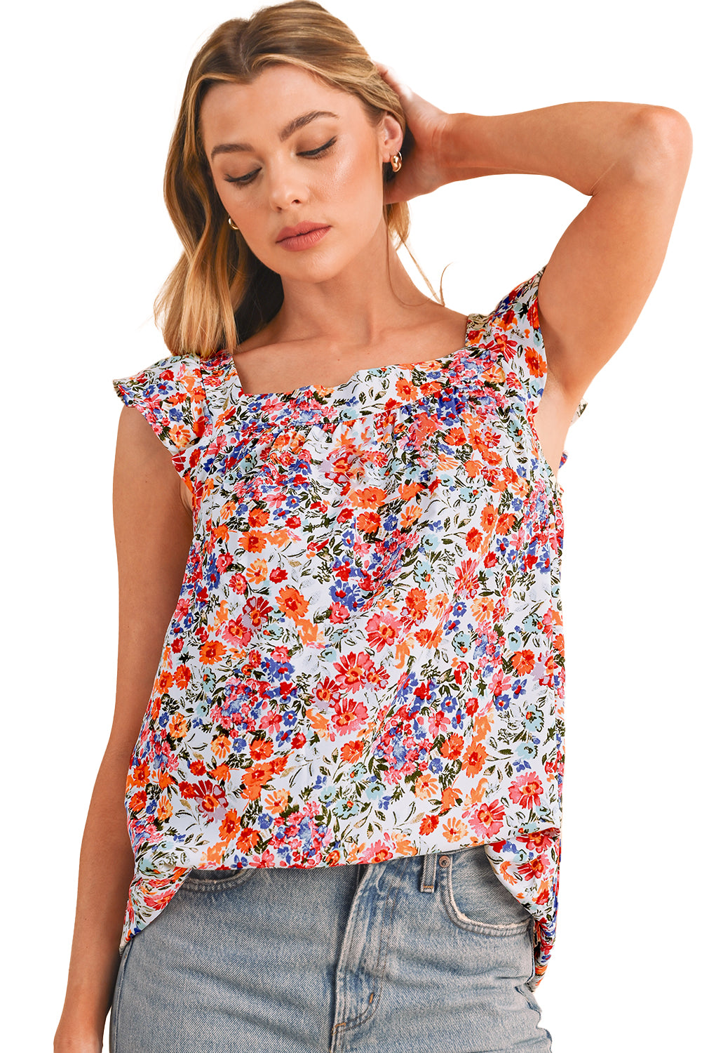 Rose Red Boho Floral Square Neck Flutter Sleeveless Top - Eloy Royal