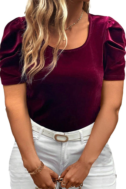 Burgundy Velvet Bubble Sleeve U Neck Plus Size Top - Eloy Royal