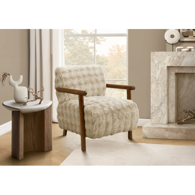Accent Chair, 31'h, Upholstered, Living Room, Bedroom, Light Brown Fabric, Brown Walnut Solid Wood, Modern, Mid Century