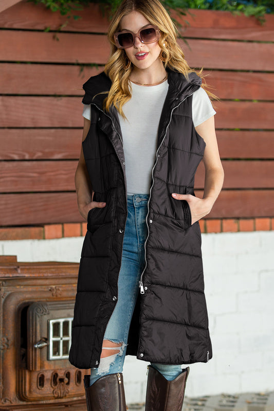 Black Hooded Pocketed Quilted Long Vest Coat - Eloy Royal