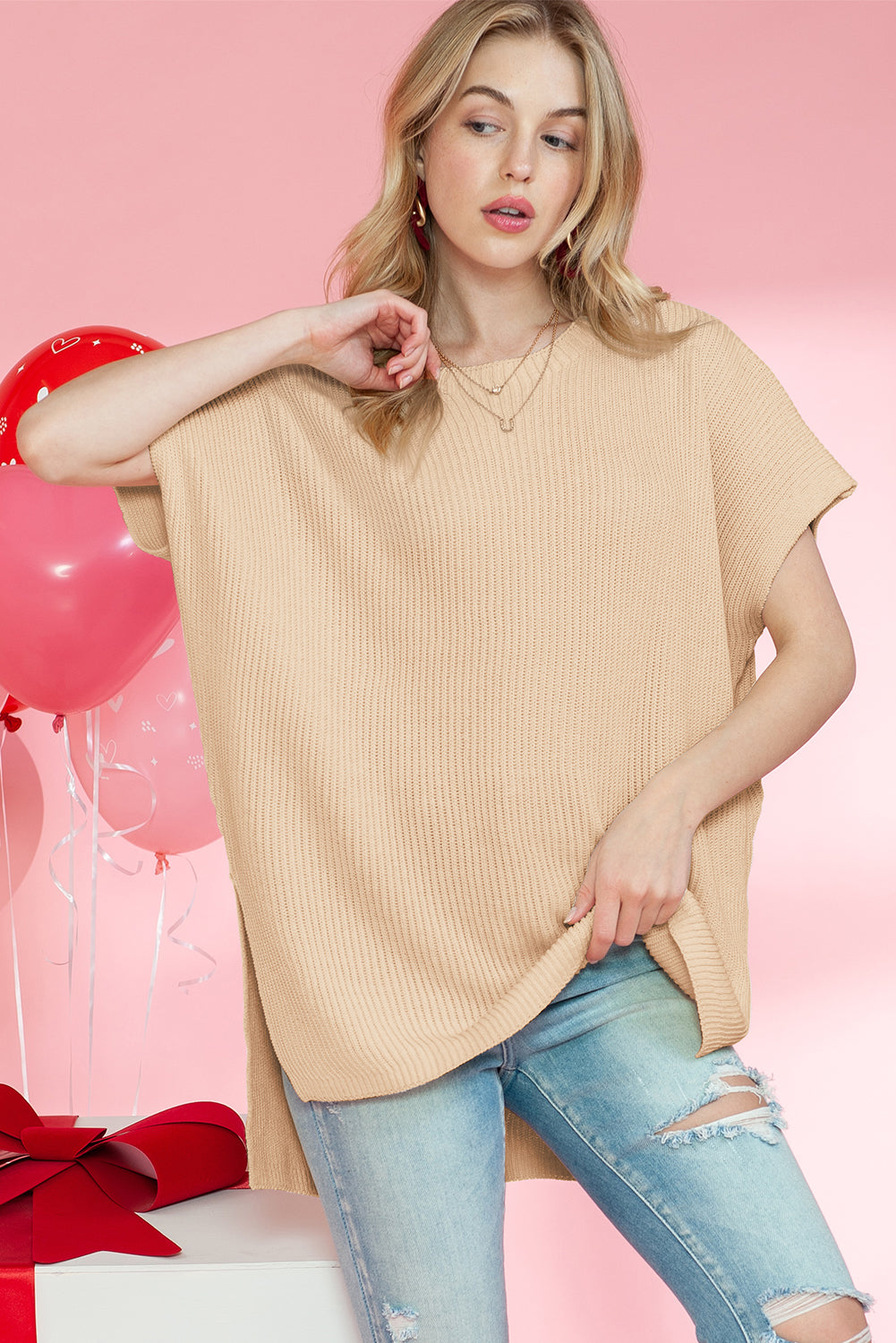 Wholesale Apricot Side Slit Short Sleeve Oversized Sweater - Eloy Royal