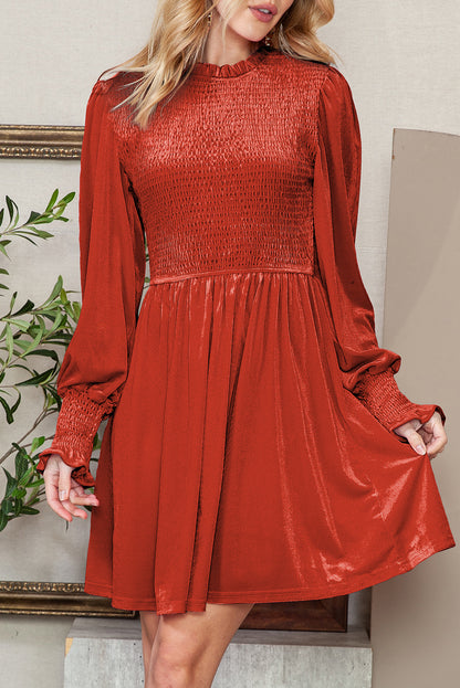 Rose Red Smocked Lantern Sleeve Frilled Velvet Dress