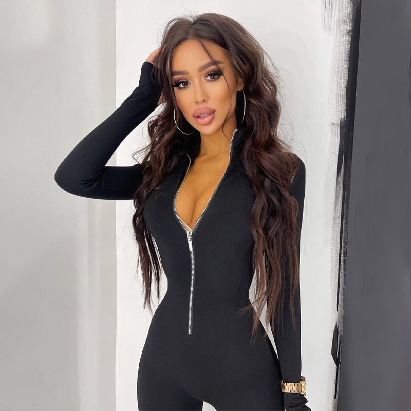 Women's Long-sleeved Sports Black Metal Zipper Turtleneck Jumpsuit