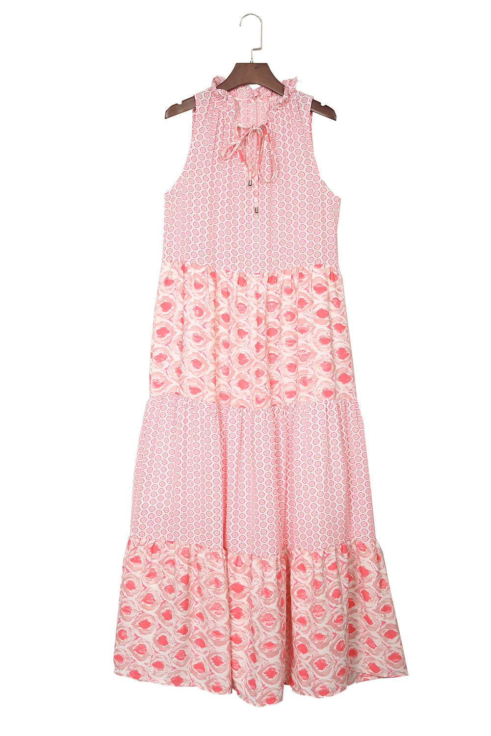 Pink Abstract Print Patchwork Sleeveless V Neck Tiered Dress - Eloy Royal