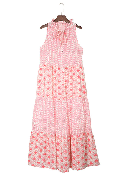 Pink Abstract Print Patchwork Sleeveless V Neck Tiered Dress - Eloy Royal