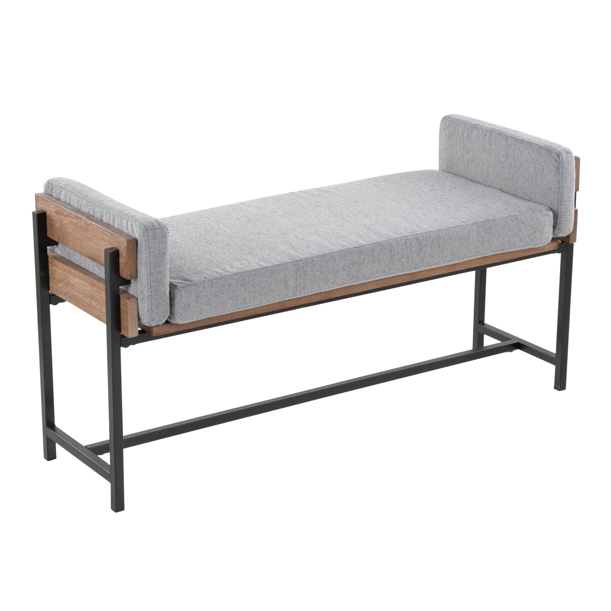 18' Bench with Black Metal, Brown Wood and Light Grey Fabric