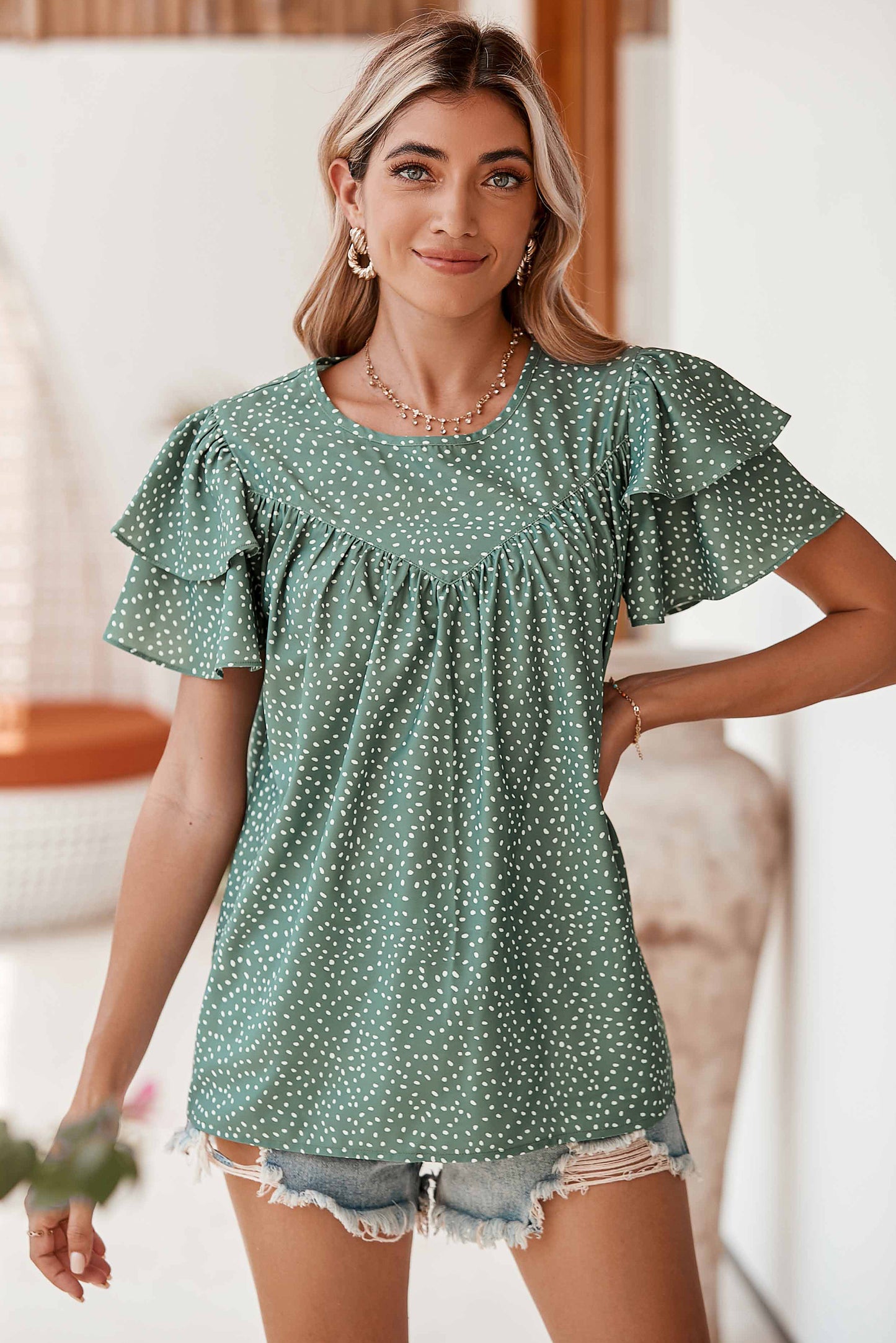 Laurel Green Spotted Print Pleated Ruffle Sleeve Blouse - Eloy Royal