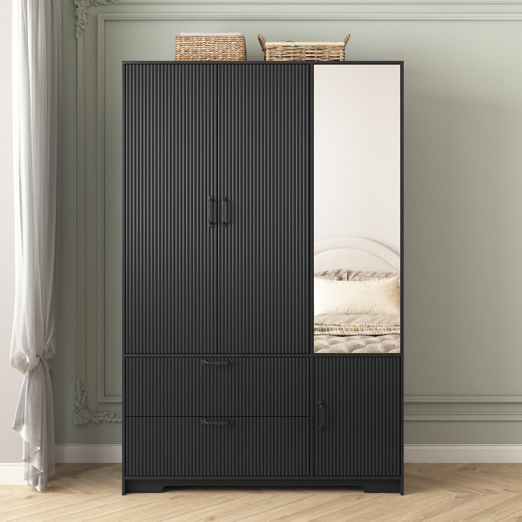 4 Doors Wardrobe Closet with Mirror, LED Wardrobe with Doors and 2 Drawers, Wooden Wardrobe Storage Cabinet with Hanging Rod, Adjustable Shelves, Black
