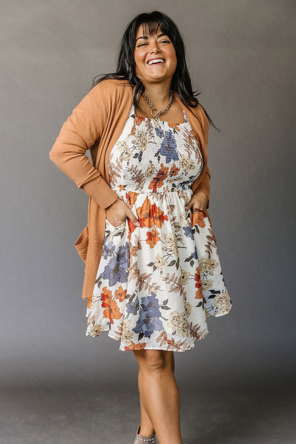 White Floral Smocked Flared Plus Size Dress - Eloy Royal