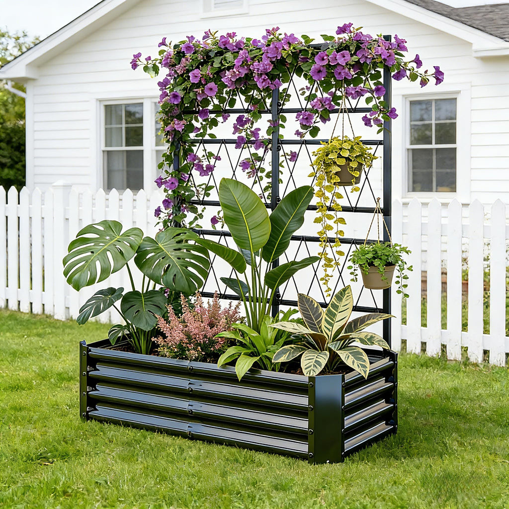 4x2x1FT Galvanized Raised Garden Bed with Arch Trellis for Climbing Vegetables Tomato Cucumber Bean, Heavy Duty Metal Raised Garden Bed Outdoor, Black