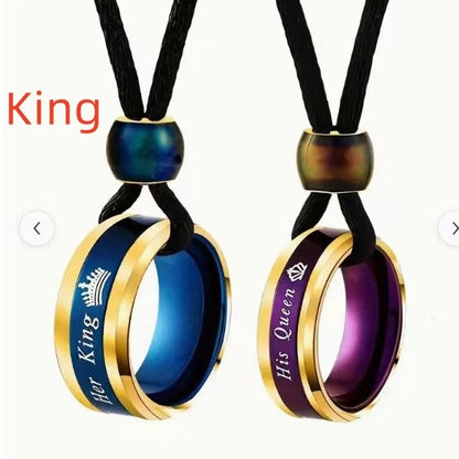 Creative Color Changing Round Beads Blue Purple Couple Couple Rings Necklace