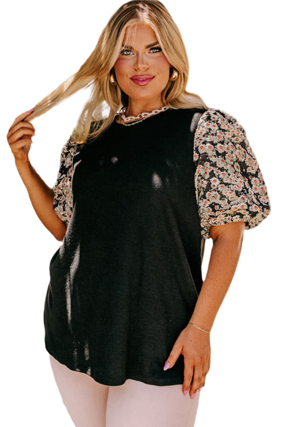 Black Plus Size Daisy Printed Short Bubble Sleeve Tunic Top - Eloy Royal