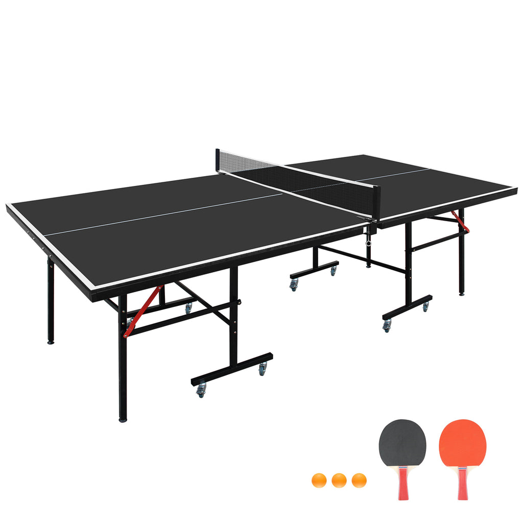 8ft Black Mid-Size Table Tennis Table Foldable & Portable Ping Pong Table Set for Indoor Games with Net, 2 Table Tennis Paddles and 3 Balls