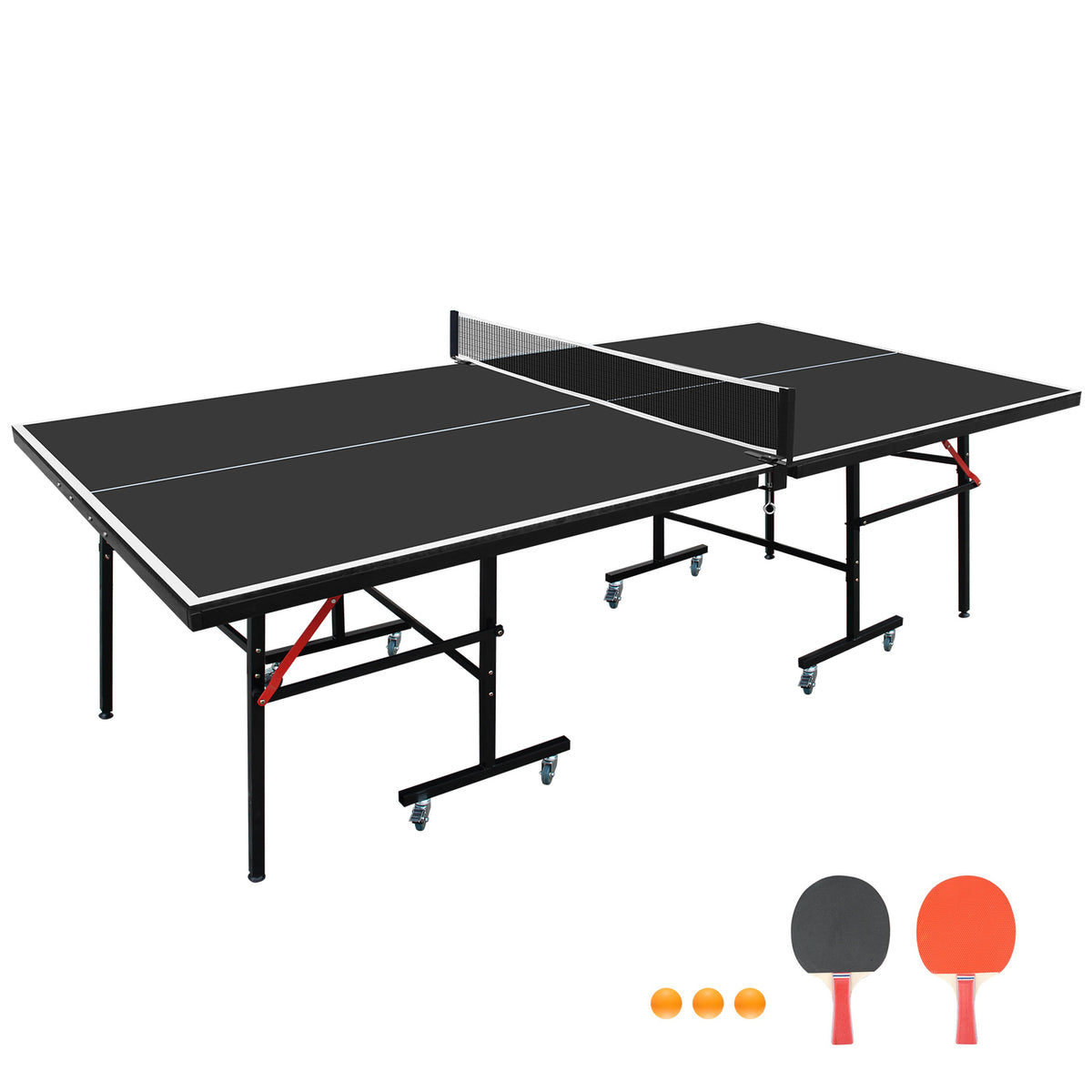 8ft Black Mid-Size Table Tennis Table Foldable & Portable Ping Pong Table Set for Indoor Games with Net, 2 Table Tennis Paddles and 3 Balls