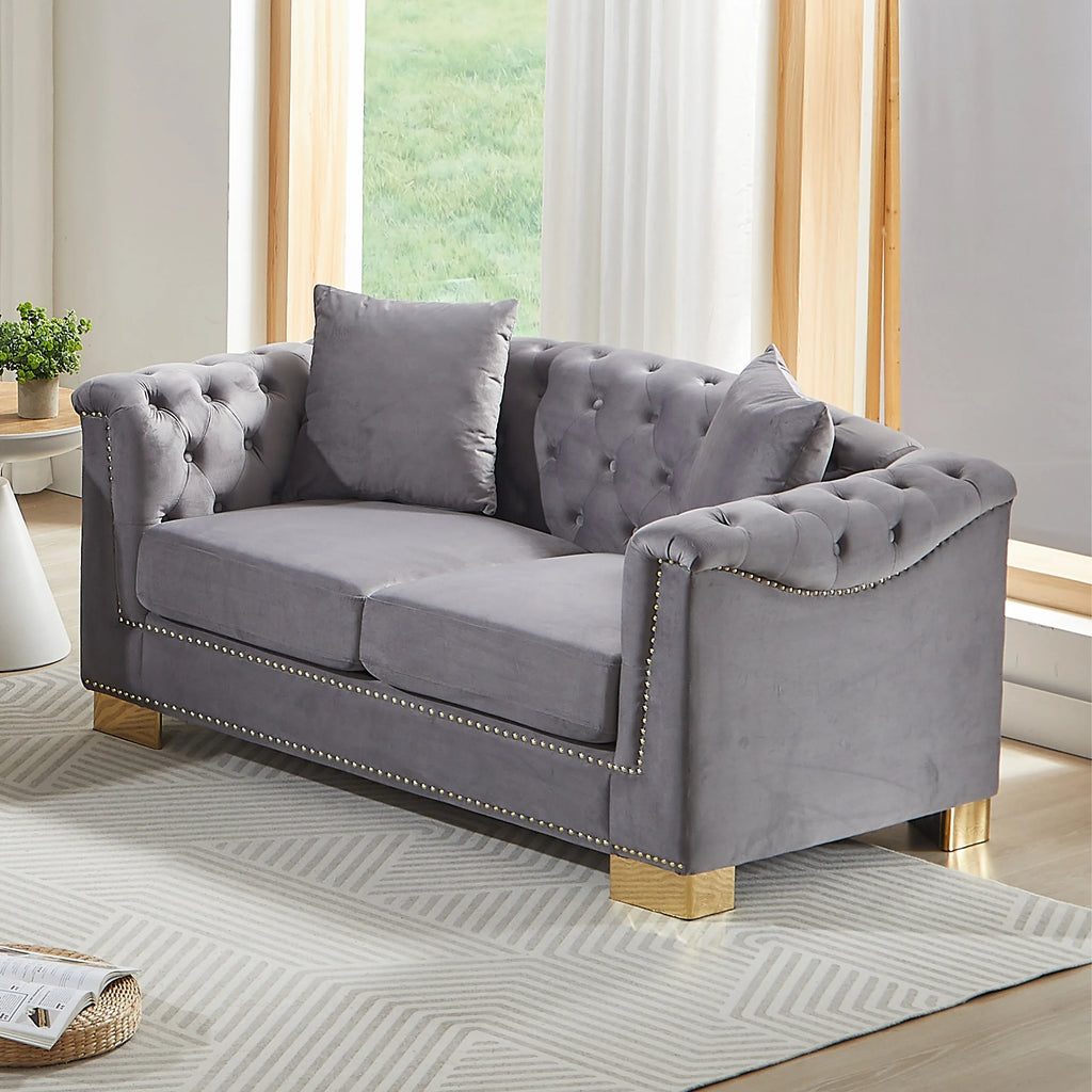 {Video] Classic Modern Style Sofa, 62-inch Chesterfield Classic Rolled Arm Tucked-in Nailhead Decor Cloud Two-Seater Velvet Sofa, Luxury Double Sofa Suitable for Living Room, Bedroom, Apartment, Grey - Eloy Royal