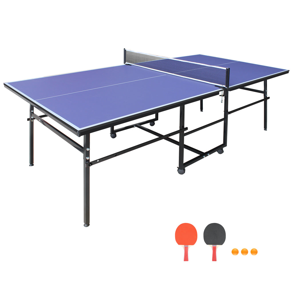 8.5*4. 3ft Blue Mid-Size Table Tennis Table Foldable & Portable Ping Pong Table Set for Indoor Games with Net, 2 Table Tennis Paddles and 3 Balls