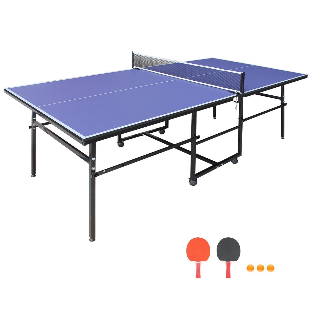 8.5*4. 3ft Blue Mid-Size Table Tennis Table Foldable & Portable Ping Pong Table Set for Indoor Games with Net, 2 Table Tennis Paddles and 3 Balls
