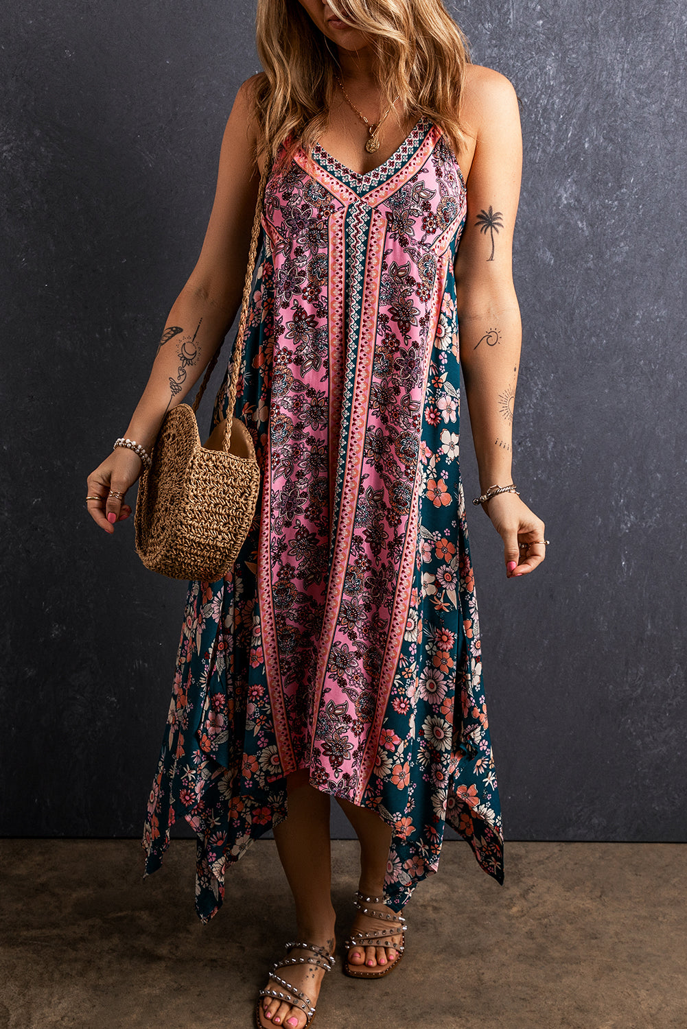 Pink Bohemian Floral Patchwork Print Maxi Sundress - Eloy Royal