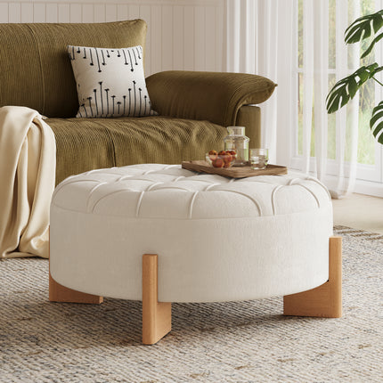 32 in Round Tufted Ottoman with Solid Wood Legs with Modern Coffee