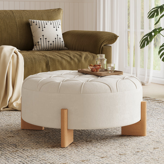 32 in Round Tufted Ottoman with Solid Wood Legs with Modern Coffee