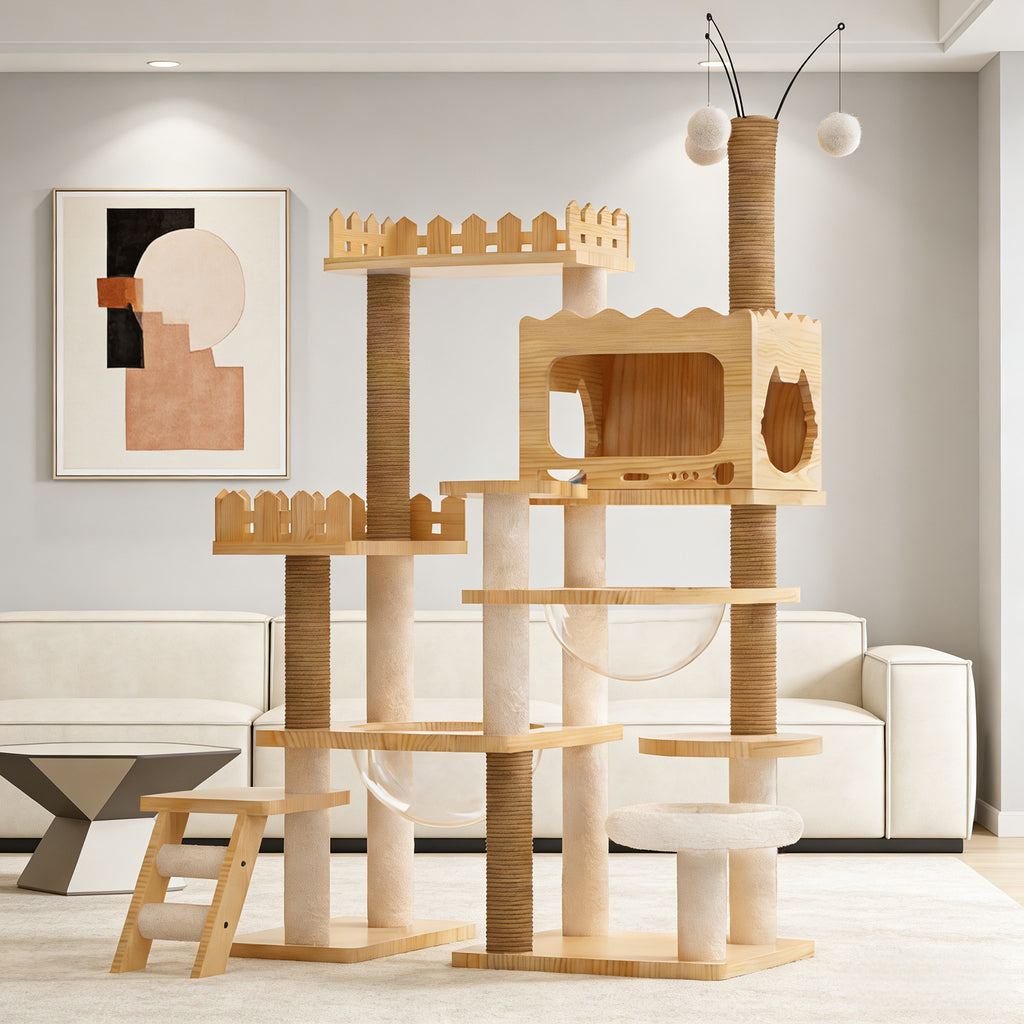 66.9' Modern Cat Tower, Wood Cat Tree Tower for Indoor Cats, Cat Treewith Sisal-Covered Scratching Posts and Top Perch, Cat Condo with Acrylic Hammock for Multi-Cat Households