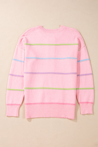 Pink Rainbow Striped Drop Sleeve Henley Sweater