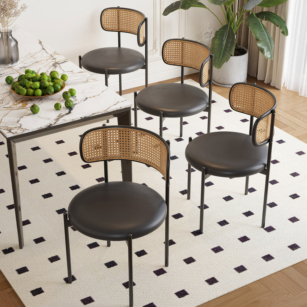 Dining Chairs Set of 4, PU Leather Upholstered Seat with Woven Rattan Back, Sturdy Metal Legs Modern Side Chairs for Kitchen Living Room Restaurant