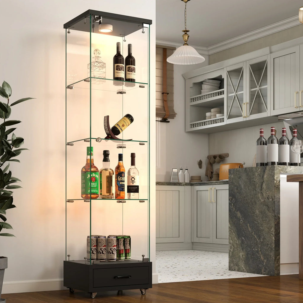 Modern Glass Display Cabinet with Drawer , Quick-assembly Antique Cabinet with LED lights, Tempered Glass Bookshelf, 1-Door Storage Case with 4 Shelves for Living Room and Bedroom, black - Eloy Royal