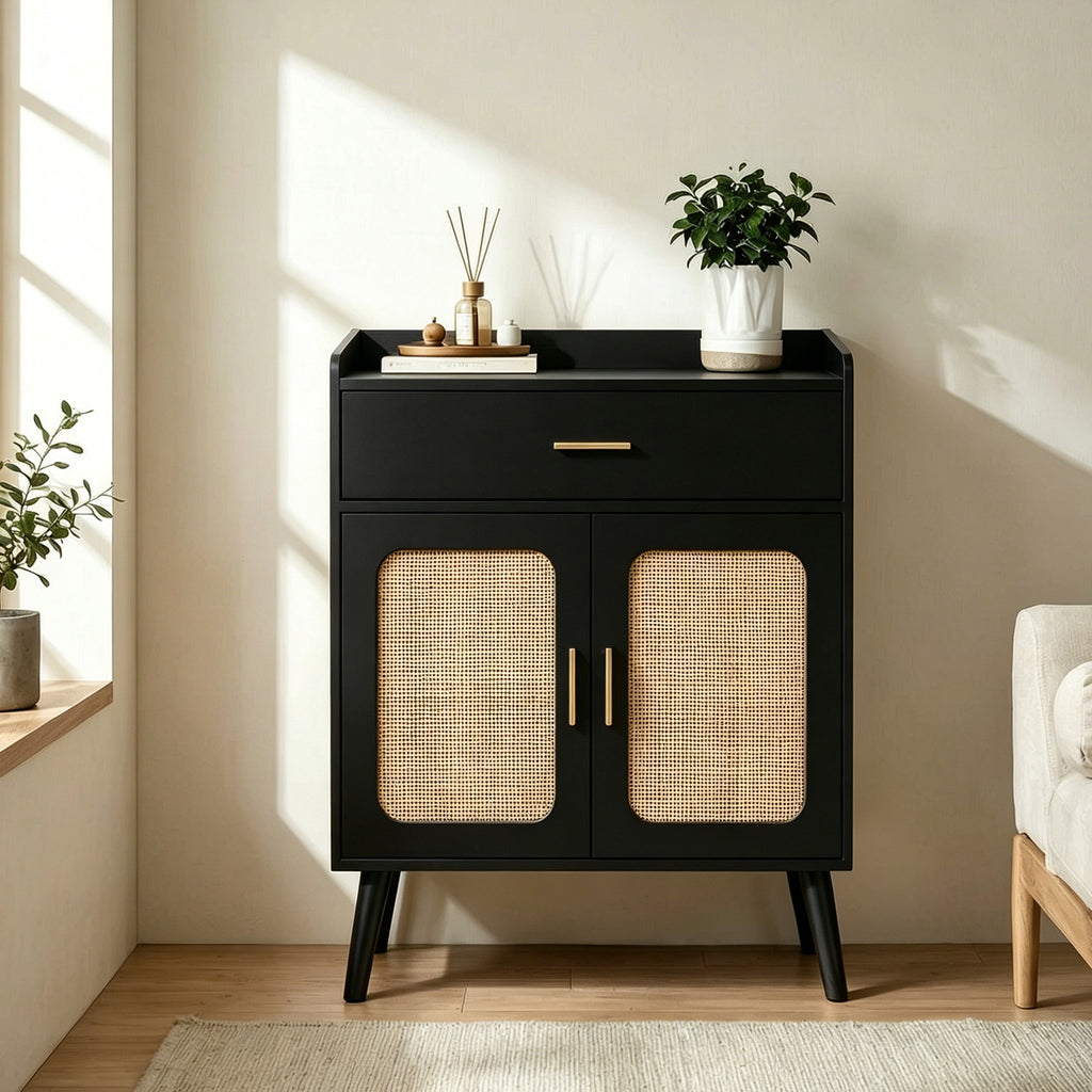 Kitchen Storage Cabinet, Farmhouse Buffet Cabinet , Storage with 1 Drawers and 2 Doors, Cabinet with Solid Wood Feet,Floor Sideboard Buffet for Living Room, Dining Room, Bathroom,(black Color)