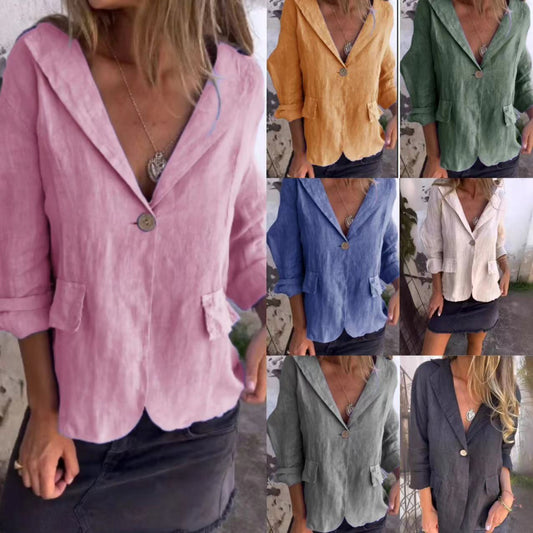 Women's Elegant Fashion Loose Solid Color Buttons Cotton And Linen Suit Jacket