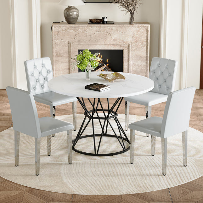 Table and chair set. A circular white MDF dining table with a diameter of 47.3 inches,black hourglass shaped metal brackets.Paired with 4 light gray PU dining chairs: ergonomic buckle backrest.